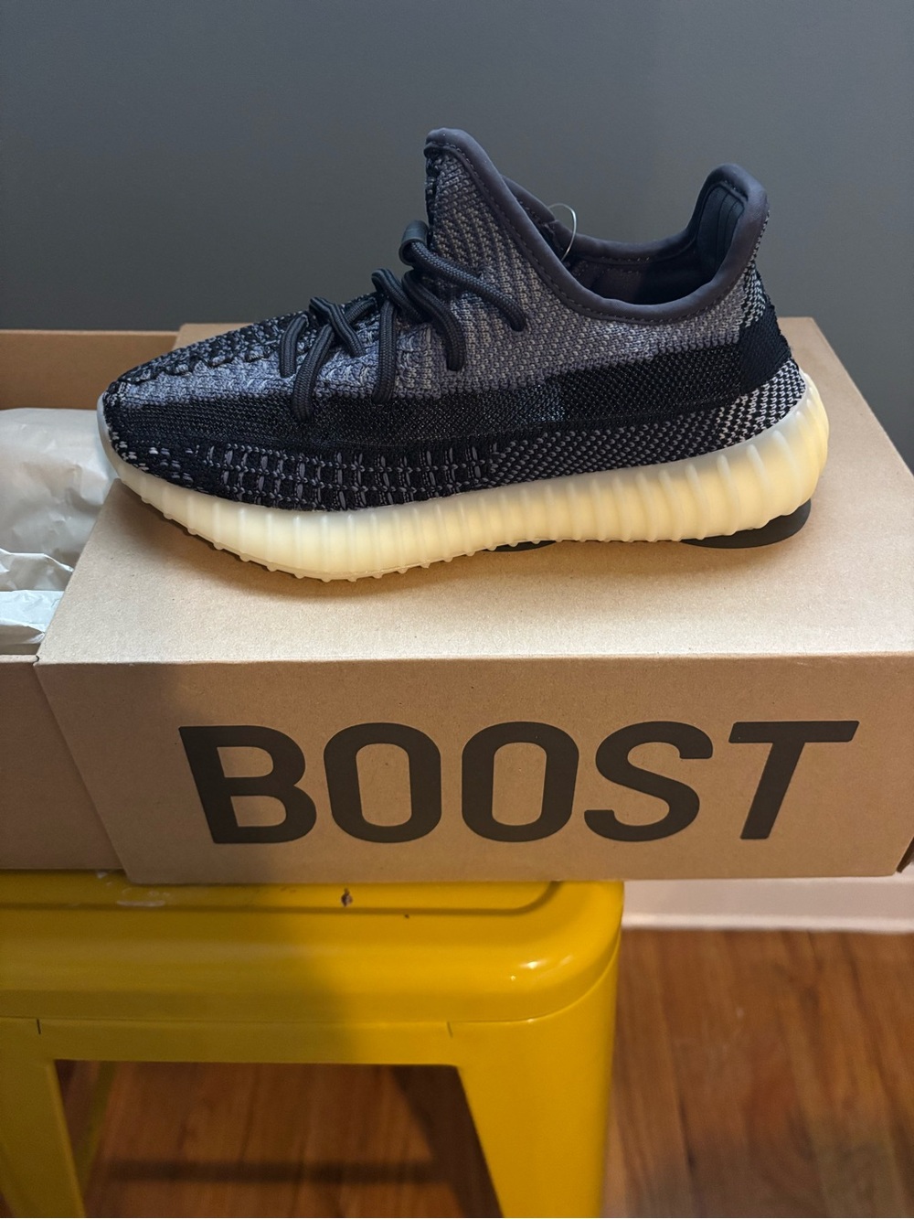 Yeezy Black and Gray Knit Sneaker with Cream Sole